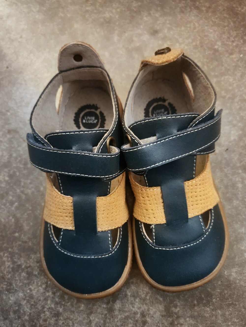 Livie & Luca Navy and Tan Hook-and-Loop Walker Sandals